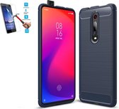 Xiaomi Mi 9T / Redmi K20 Carbone Brushed Tpu Blauw Cover Case Hoesje - 1 x Tempered Glass Screenprotector CTBL