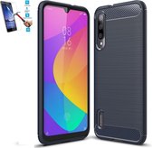 Xiaomi Mi A3 / Mi CC9e Carbone Brushed Tpu Blauw Cover Case Hoesje - 1 x Tempered Glass Screenprotector CTBL