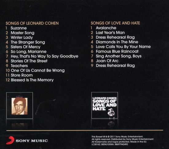 Achterkant van de hoes van het Leonard Cohen 2CD-album met tracklijsten voor 'SONGS OF LEONARD COHEN' en 'SONGS OF LOVE AND HATE', en de Sony Music-logo.