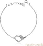 Juwelier Emo - Dubbele Hart armband met Zirkonia's - Zilveren Armband Dames - LENGTE 20 CM
