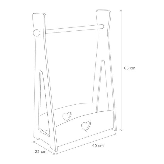 Schematische tekening van een wit houten kleerhangerrek met afmetingen: 65 cm hoog, 40 cm breed, 22 cm diep. Met opbergvak onderaan.
