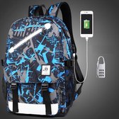 Let op type!! De grote capaciteit Oxford multifunctionele doek blauw en grijs Graffiti rugzak Casual Computer laptoptas met externe USB Interface & -beveiligingsslot opladen voor mannen / vro