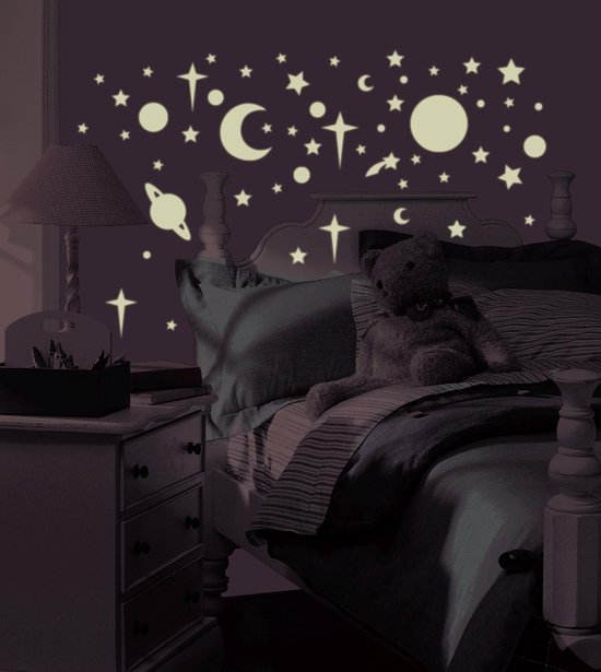 Glow-in-the-dark muurstickers met manen, sterren en planeten op een donkere slaapkamermuur.