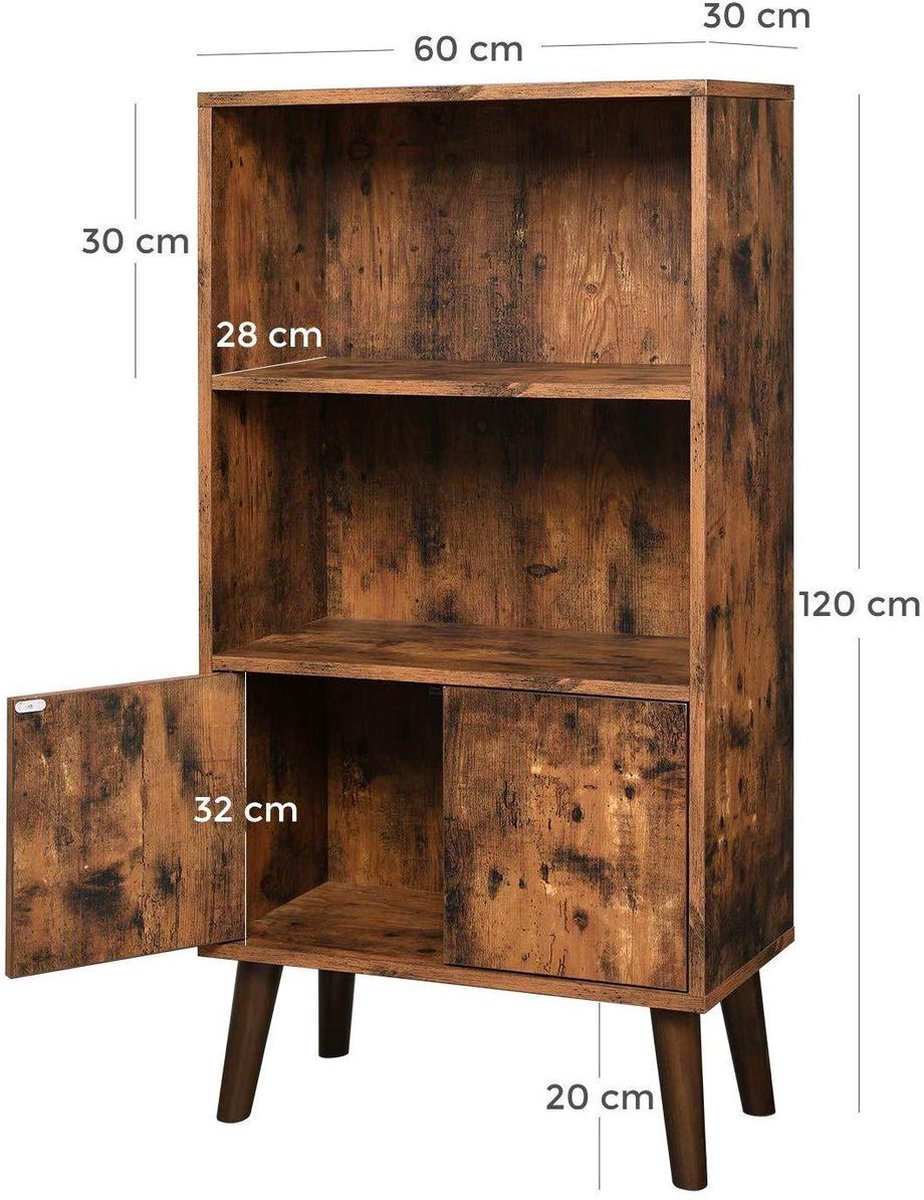 Retro Boekenkast, Boekenkast Met 2 Planken En Kastdeuren, Woonkamerkast, Retro Meubilair Voor Woonkamer, Foyer, Kantoor, Opslag Voor Boeken, Foto'S