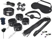 10-Delige BDSM set | Boeien set | Handboeien | Blinddoek | Zweepje | Touw | Halsband | Tepelklemmen | Gagball | SM Set Zwart