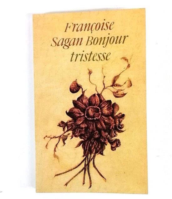Boek "Bonjour tristesse" van Françoise Sagan met een bruin bloemmotief op een gele achtergrond.