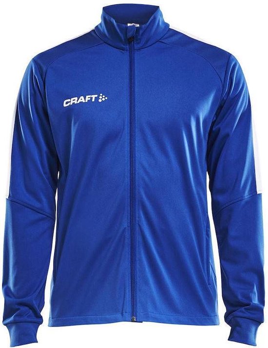 Blauwe Craft sportjas met witte accenten op de mouwen en een hoge kraag. CRAFT:: merklogo op de borst.