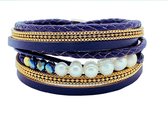 Armband Dames Blauw- Leren Wikkelarmband Galeara design Perla 20,5cm met Parels Goudkleurig