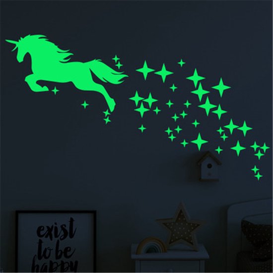 Muursticker unicorn - Muurstickers slaapkamer - eenhoorn lichtgevend- glow in the dark sticker met sterren