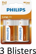6 Stuks (3 Blisters a 2 st) Philips Longlife Zinc D Batterijen