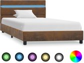 Bedframe Bruin 90x200 cm Stof met LED (Incl LW Led klok) - Bed frame met lattenbodem - Tweepersoonsbed Eenpersoonsbed