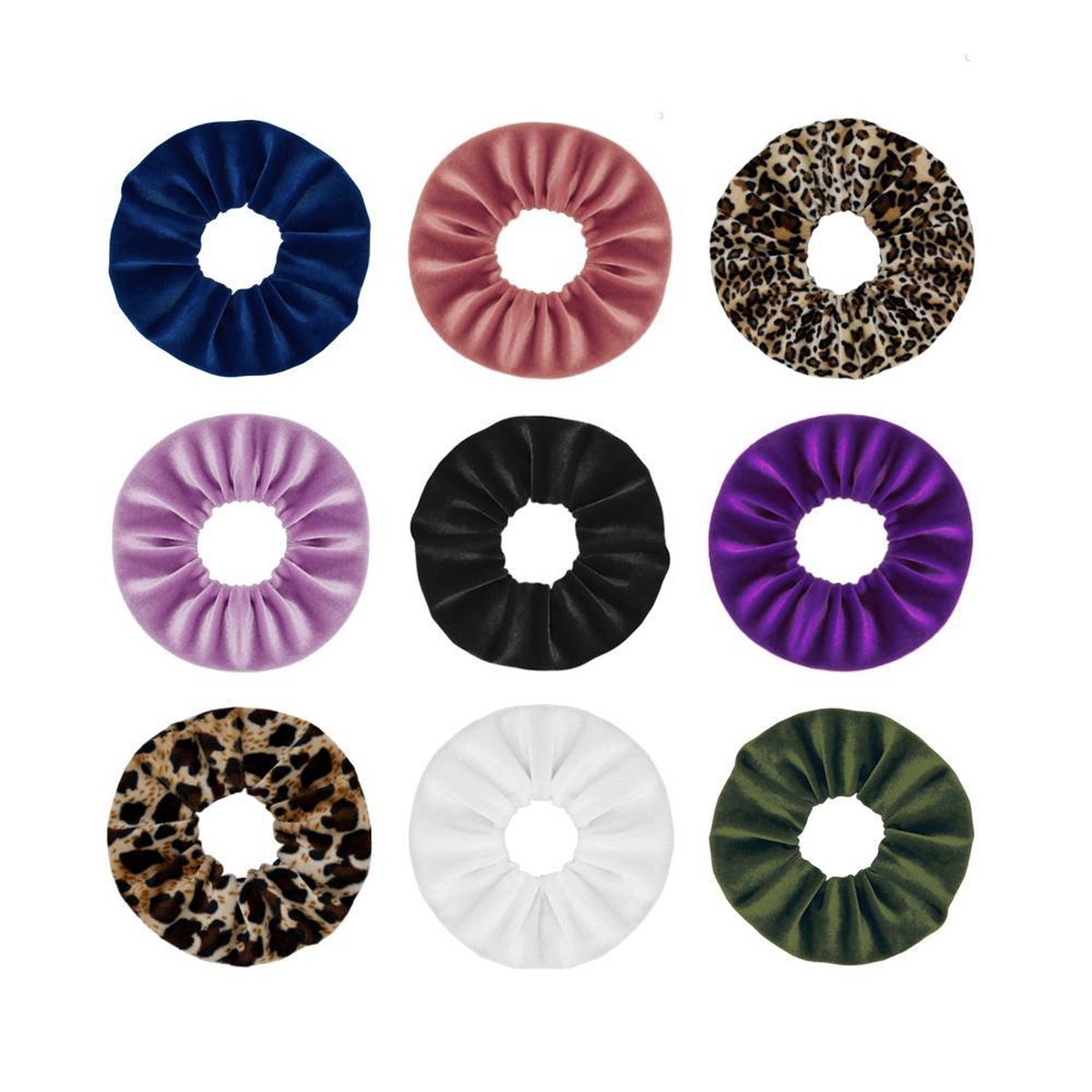 Jumalu scrunchie velvet haarwokkel haarelastiekjes - panterprint, wit, lila, paars, tijgerprint, legergroen, blauw, zwart en oudroze - 9 stuks