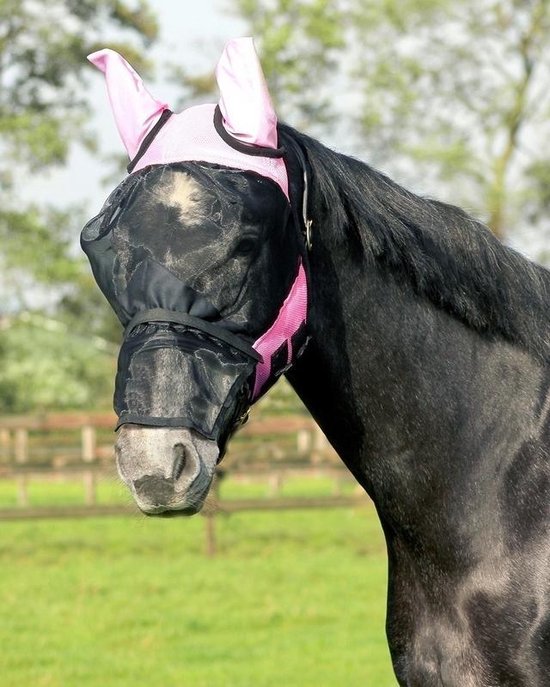 Zwart paard met een zwart en roze vliegenmasker met roze oren.