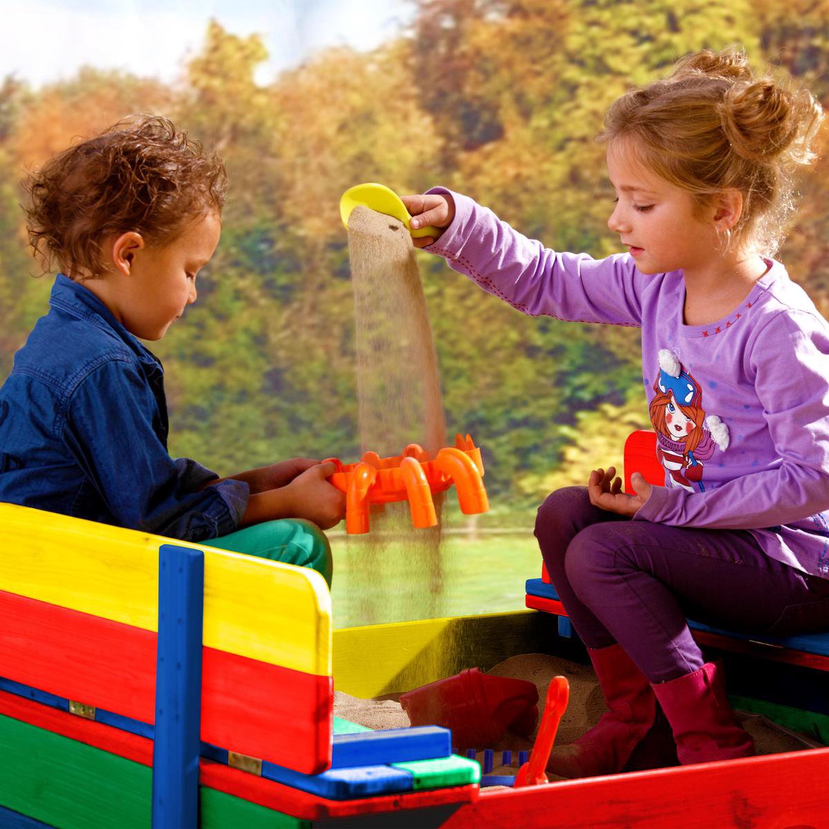 AXI Ella Houten Zandbak in Regenboog kleuren - Met Zitbankjes en Deksel - FSC hout - 100x95x20cm - Zandbak voor kinderen — afbeelding 10