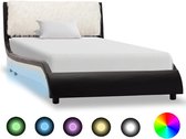 Bedframe Zwart wit 90x200 cm Kunstleer met LED (Incl LW Led klok) - Bed frame met lattenbodem - Tweepersoonsbed Eenpersoonsbed
