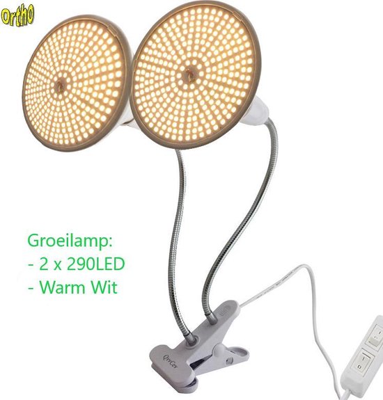 Ortho LED **NIEUW** Groeilamp Bloeilamp Kweeklamp Grow light groei lamp (met 2 upgraded 290 LED Full spectrum WARM WIT lampen) met 2 flexibele lamphouders - klem spotje