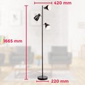 Zwarte staande lamp met drie spots, afmetingen 1665 mm hoog, 420 mm breed, 220 mm voet.