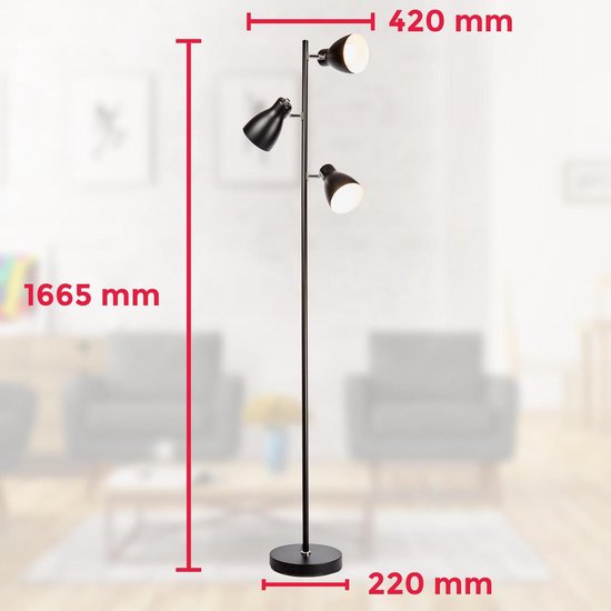 Zwarte staande lamp met drie spots, afmetingen 1665 mm hoog, 420 mm breed, 220 mm voet.
