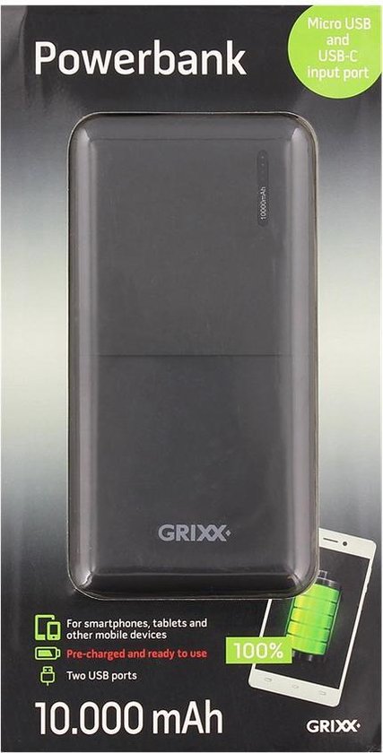 Grixx Powerbank - 10.000mAh - zwart - incl. kabel - 2 outputs - led  indicator - USB C... | bol.com