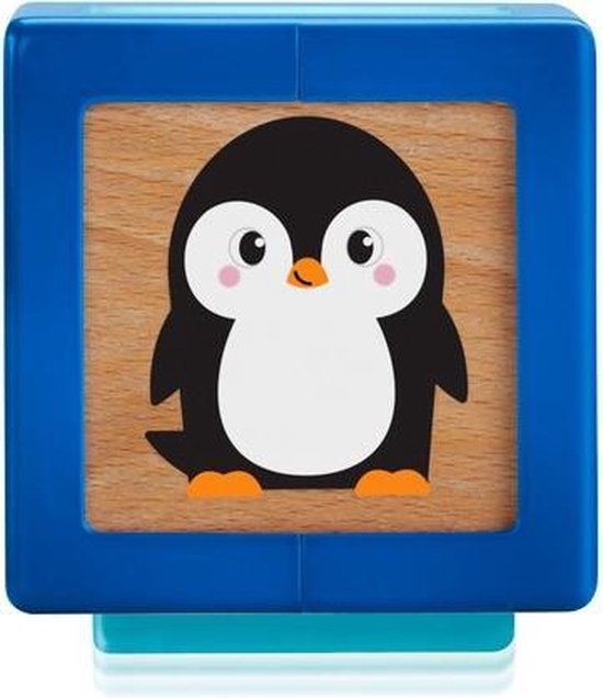 Blauw Fisher-Price blok met houten zijde waarop een pinguïn staat.