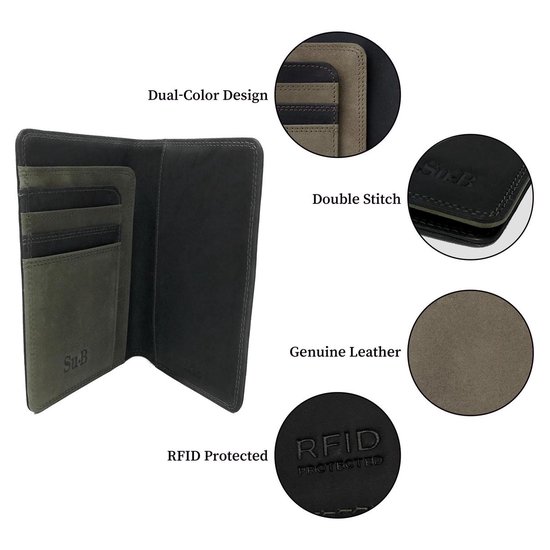 Su.B à passeport en cuir RFID de Luxe Su.B avec porte-cartes - Porte-passeport - Couverture de passeport avec porte-cartes - Zwart - Olive