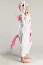KIMU Onesie Wit Roze Pegasus Pak - Maat XS-S - Pegasuspak Kostuum Unicorn 152 158 - Jumpsuit Dierenpak Zacht Huispak Pyjama Dames Heren Festival