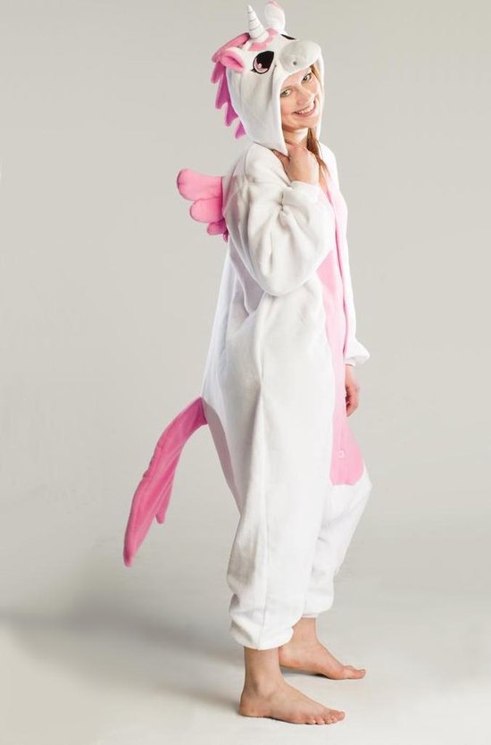 KIMU Onesie Wit Roze Pegasus Pak - Maat XS-S - Pegasuspak Kostuum Unicorn 152 158 - Jumpsuit Dierenpak Zacht Huispak Pyjama Dames Heren Festival