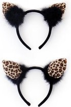 Luipaard diadeem oortjes cheetah haarband oren panter - zwart pluche dons - tijgeroortjes panteroortjes luipaardoortjes festival