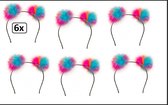 6x Diadeem pluche bol turquoise/roze/oranje - carnaval thema party hoofddeksel haarband oranje  roze optocht