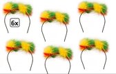 6x Diadeem pluche bol rood/geel/groen - carnaval thema party hoofddeksel haarband rood geel groen optocht