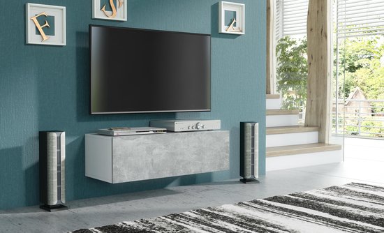 Pro-meubels - Zwevend Tv-meubel - Tv kast - Tunis - Wit - Betonlook - 100cm