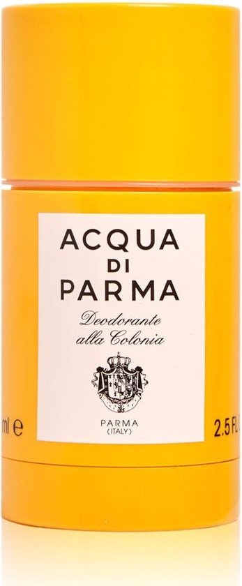 Oranje Acqua Di Parma deodorantstick met wit label: "ACQUA DI PARMA", "Deodorante alla Colonia", wapenschild en "PARMA (ITALY)", 75ml en 2.5FL.