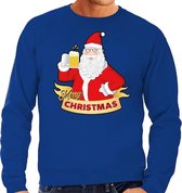 Foute Kersttrui / sweater - Merry Christmas kerstman met een peul bier / biertje - blauw voor heren - kerstkleding / kerst outfit S (48)