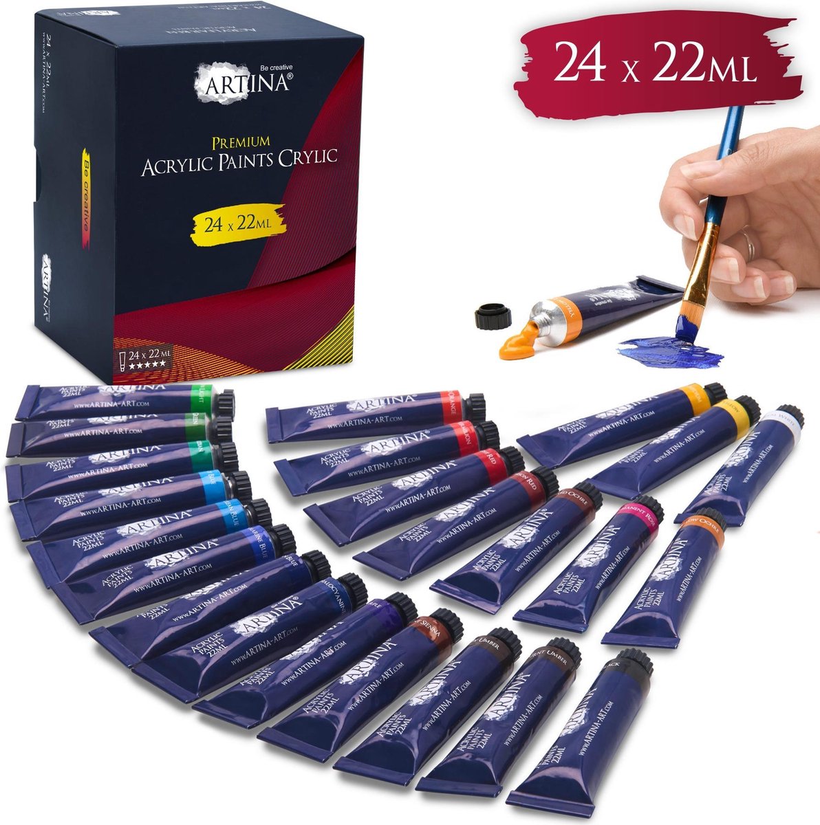 Artina Acrylverf Set 24 Tubes à 22ml - Premium Acrylverfen - Acrylverfset voor Schilderen voor Schilderen van Schilderijen op Schildersdoeken