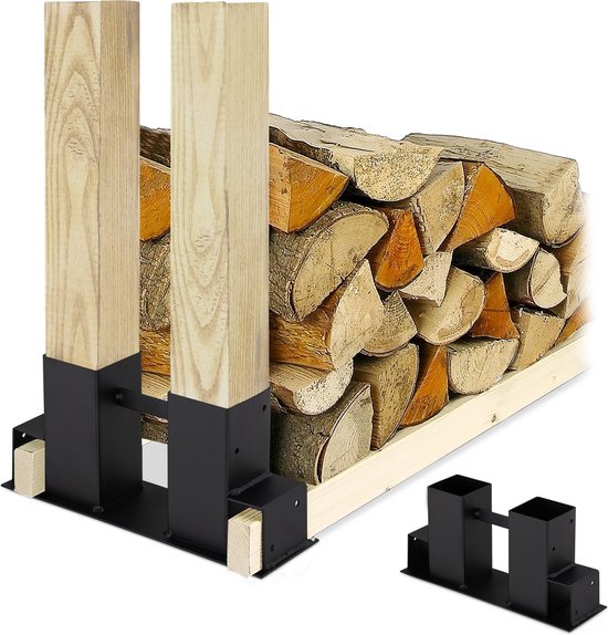 Relaxdays houtopslag - brandhout opslag - set van 2 stuks - stapelhulp - staal - zwart | bol.com