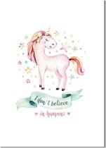 DesignClaud Unicorn / Eenhoorn poster - Kinderkamer poster - Babykamer poster - Decoratie - Roze A2 + Fotolijst wit