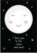 DesignClaud I love you to the moon and back - Maan - Zwart wit A2 + Fotolijst zwart