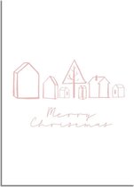 DesignClaud Kerstposter Huisjes Merry Christmas - Kerstdecoratie Roze A3 + Fotolijst wit