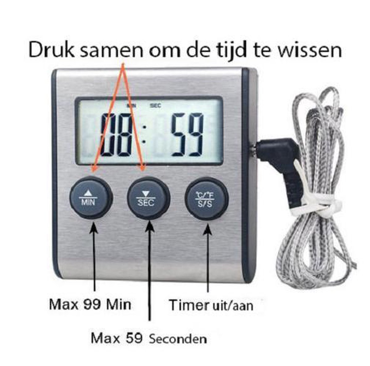 Boticz - 2-in-1 Magnetische Digitale Kern Thermometer Met Keuken Timer Alarm - Magnetische Vloeistof/Vlees Temperatuurmeter Met Meetsonde Draad & Kook Timer - 0-250 Graden Celcius — cadeau in Kookcadeaus - foto 3