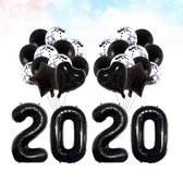 Nieuwjaarsballon voor 2020. 2020-ballonnen, 2020-feest. Totaal 28 ballonnen, beide met cijfers, regelmatige vorm en stervorm. ZWART.
