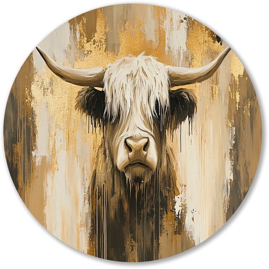 Schotse hooglander met goud - Schotse hooglander muurdecoratie rond - Wandbord koe - Expressionisme - Ronde wanddecoratie - Decoratie slaapkamer - muurcirkel aluminium 40x40 cm