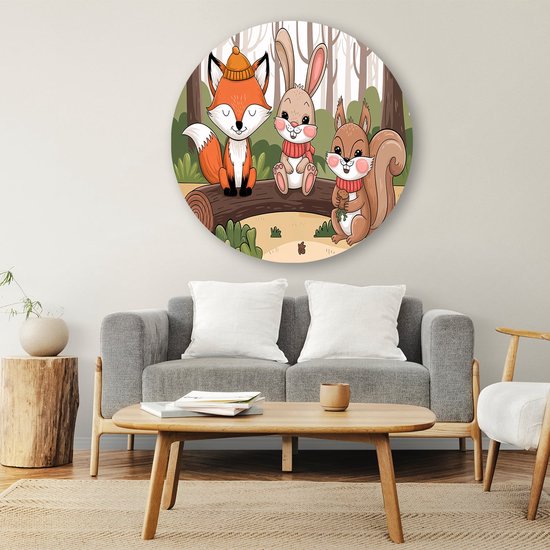 Schattige bosdieren in illustratie - Dieren schilderij rond - Wandbord natuur - Digital Art - Dibond wandcirkel - Kantoor decoratie - muurcirkel aluminium 100x100 cm