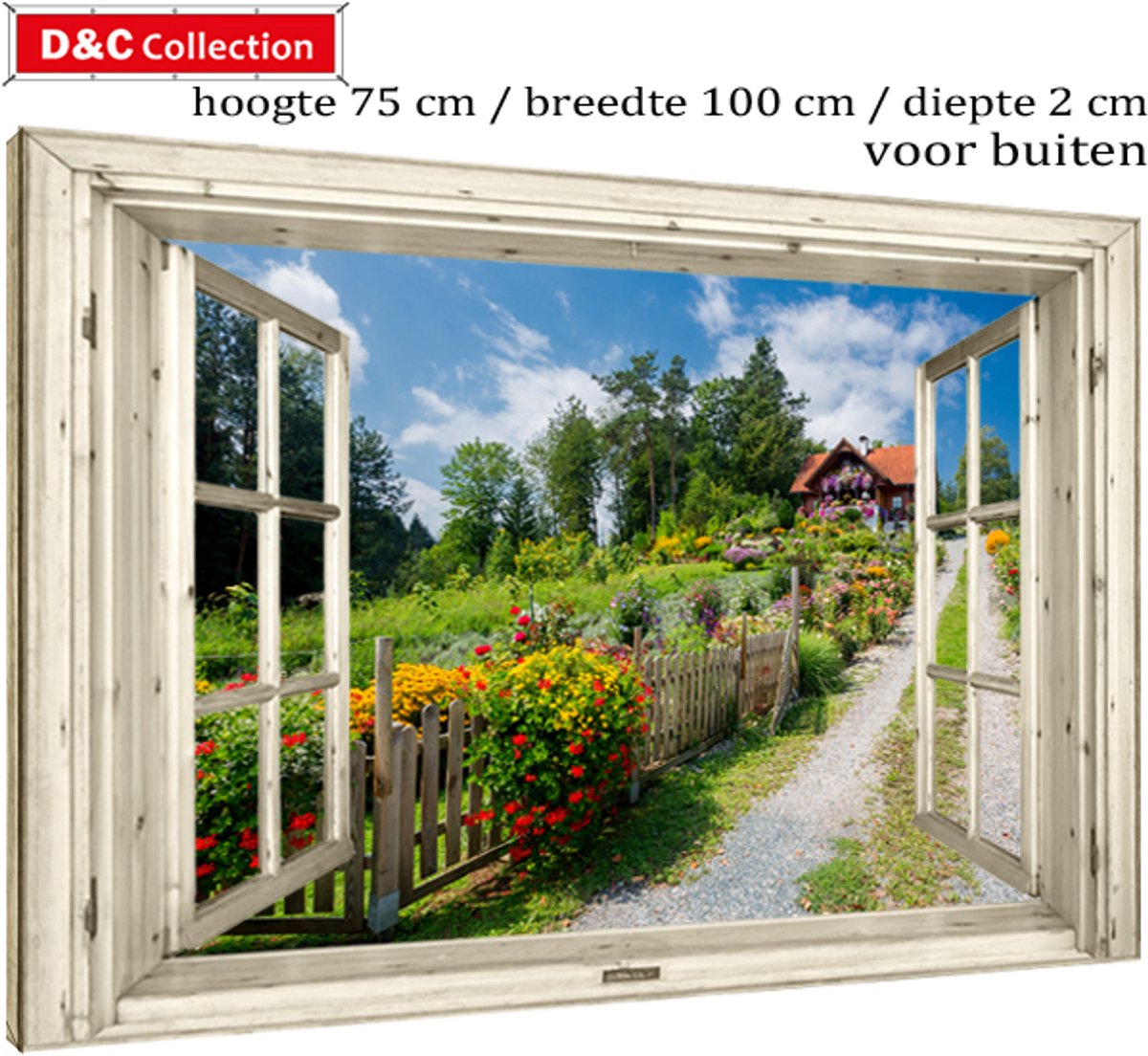 D&C Collection Buitenposter op frame - 75x100x2 cm - tuincanvas - doorkijk - wit venster -doorkijk - nostalgisch venster - idyllisch huis met bloemenveld - tuindecoratie - tuindoek - tuinposter blauw, groen