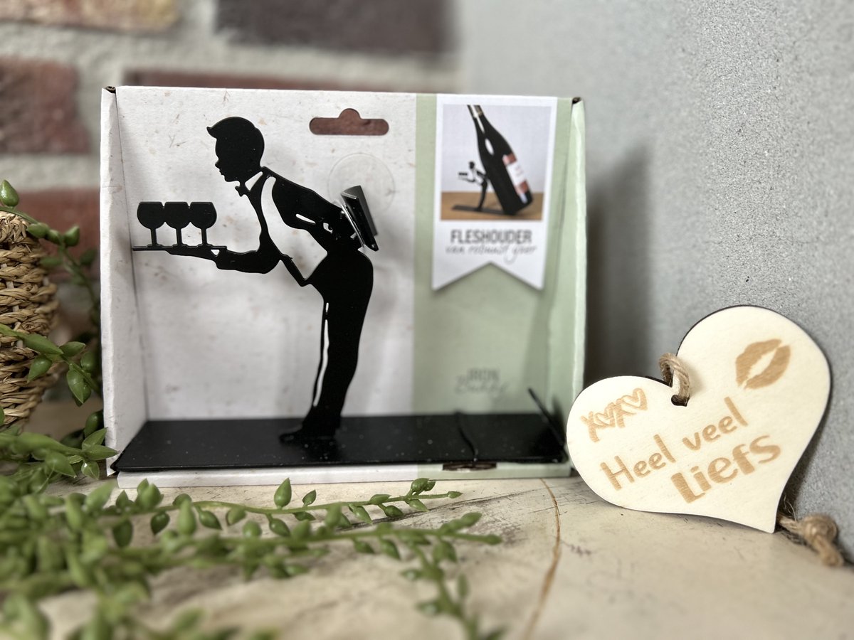 Creaties van Hier - Fleshouder met houten hartje - Wijn - Proost - Butler - 17,2x4,4x13,5 cm