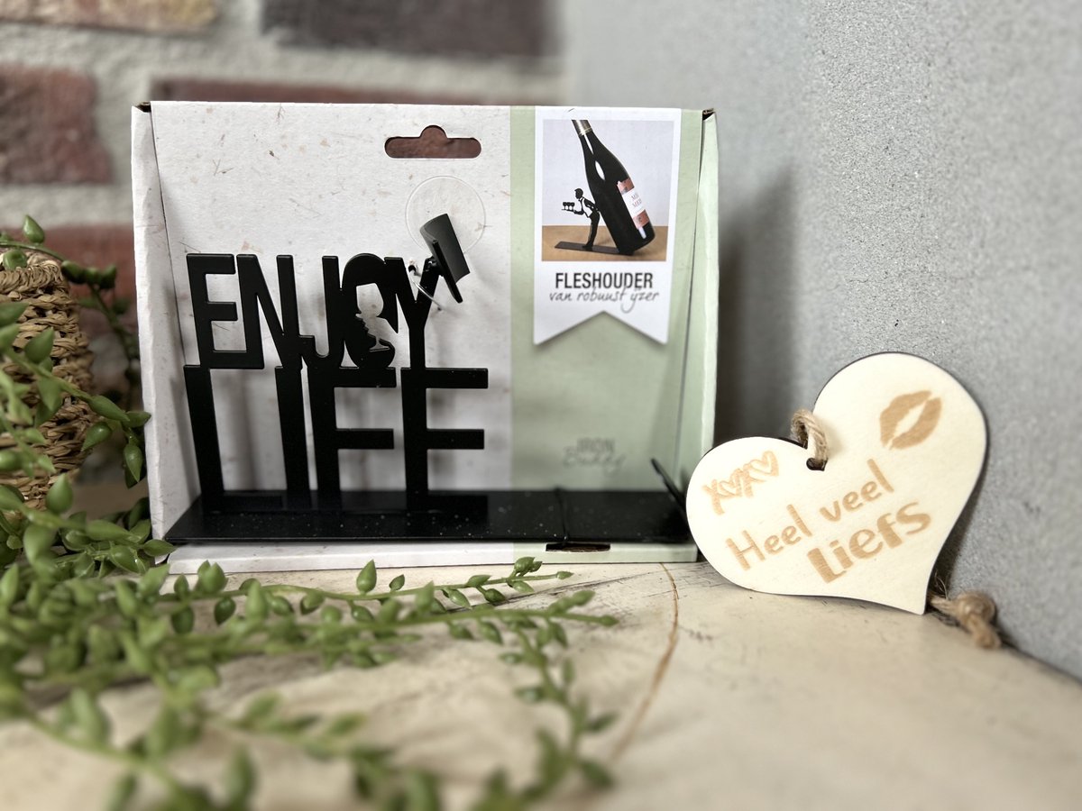 Creaties van Hier - Fleshouder met houten hartje - Wijn - Enjoy Life - 17,2x4,4x13,5 cm