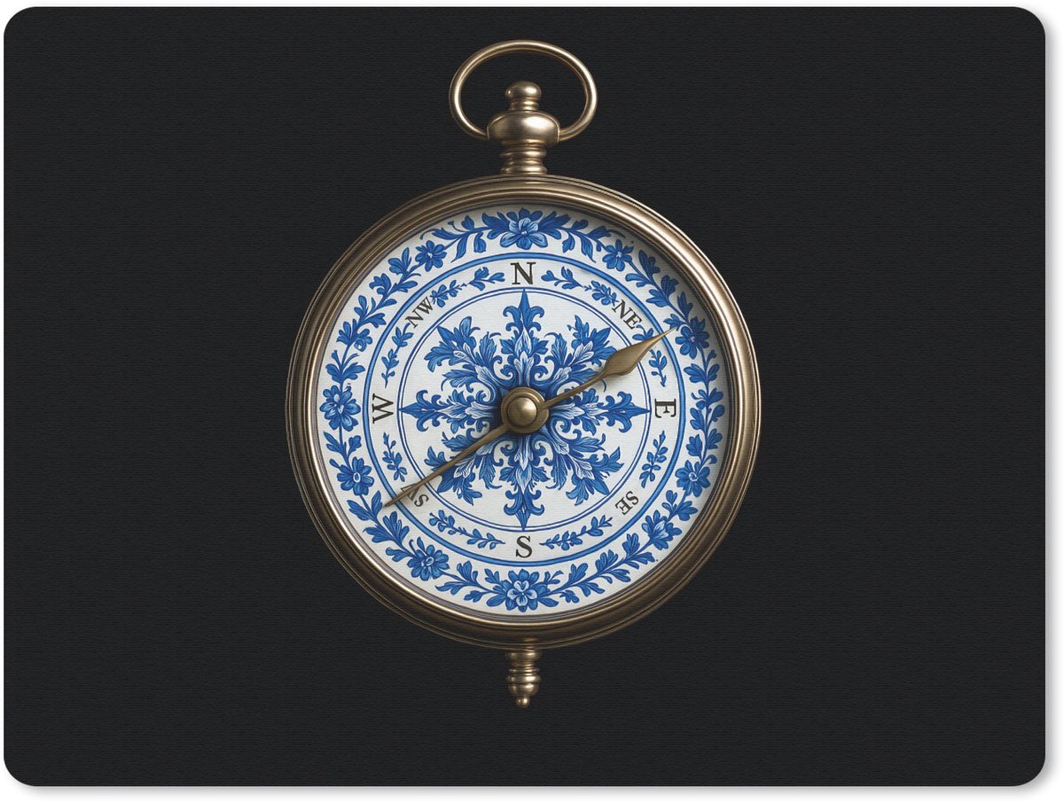 Muismat 23x19 cm - Mousepad Kompas - Delfts blauw - Zwart - Muismatten