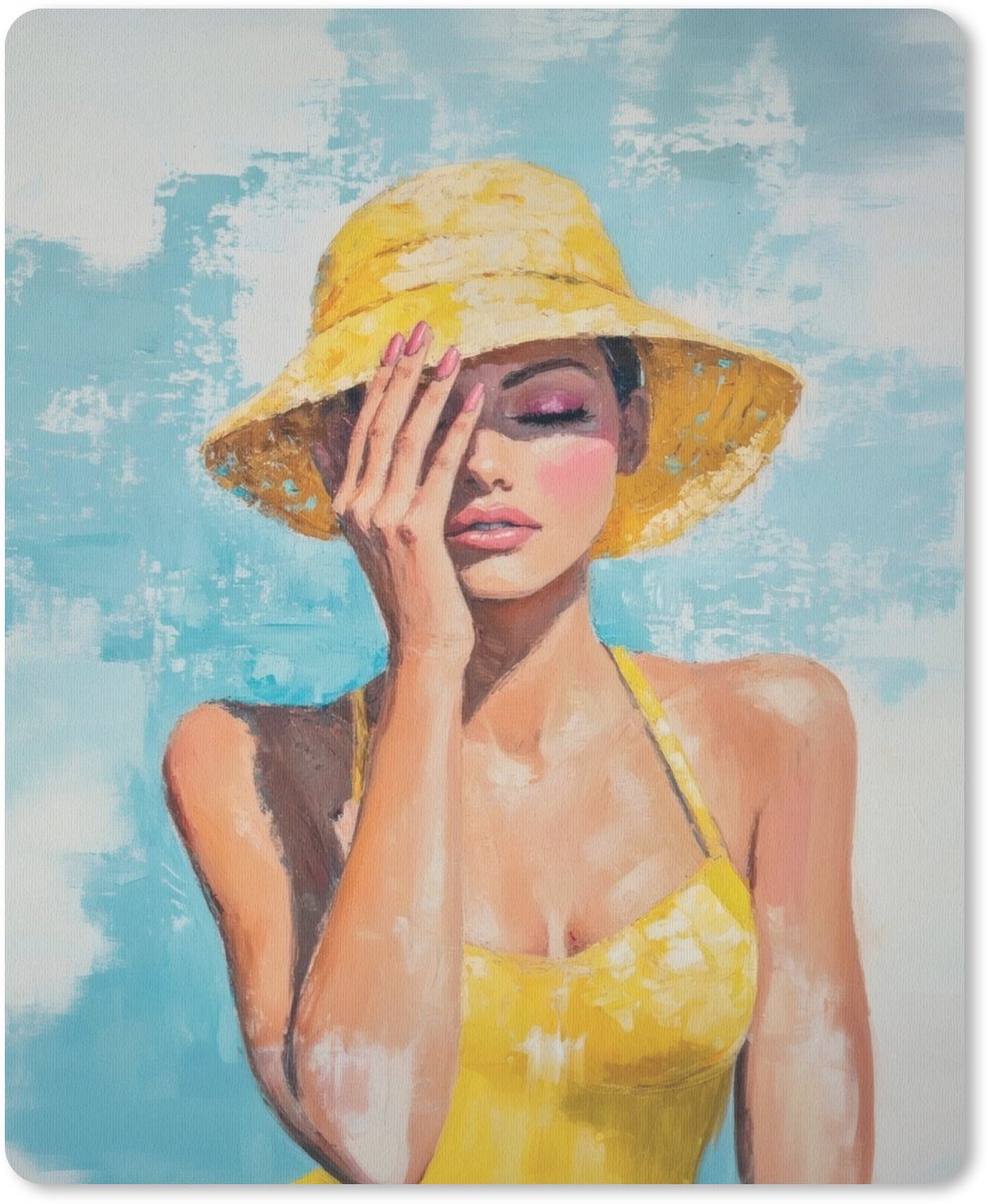 Muismat 19x23 cm - Mousepad Schilderij - Vrouw - Hoed - Geel - Muismatten