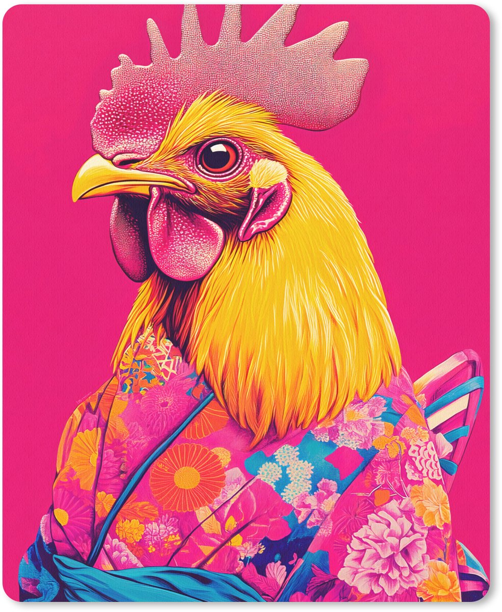 Muismat 19x23 cm - Mousepad Haan - Kleurrijk - Kimono - Roze - Muismatten