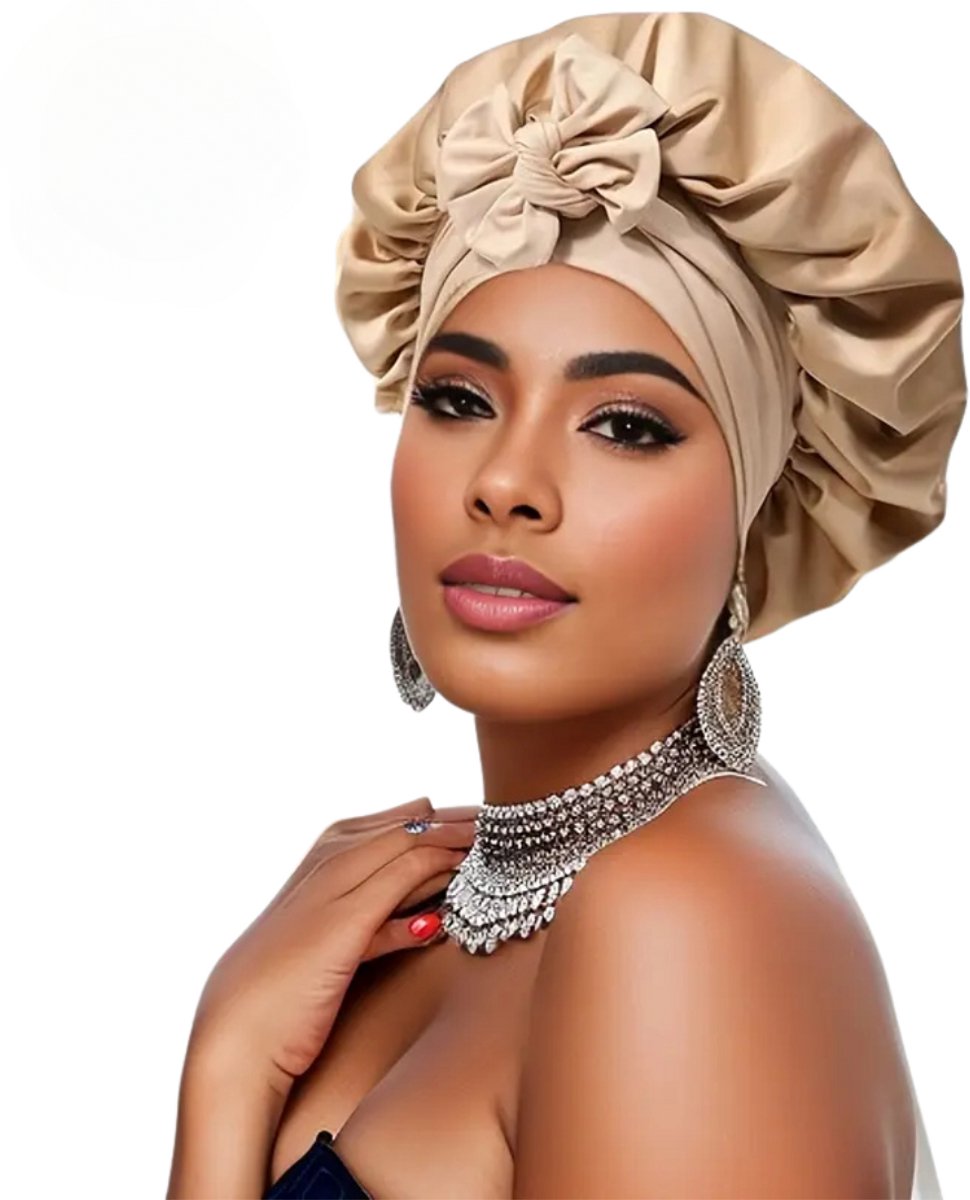 Satijnen Slaapmuts met Elastische hoofdband met Lange Lussen - Haarnetje van satijn - Bonnet van Satijn - Haarnetje - Goud - Dollsbeauty
