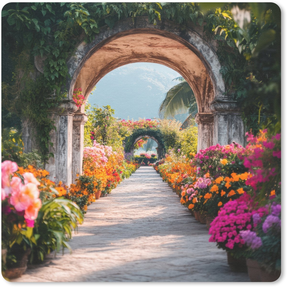 Muismat 30x30 cm - Mousepad Doorkijk - Bloemen - Tropisch - Kleurrijk - Muismatten